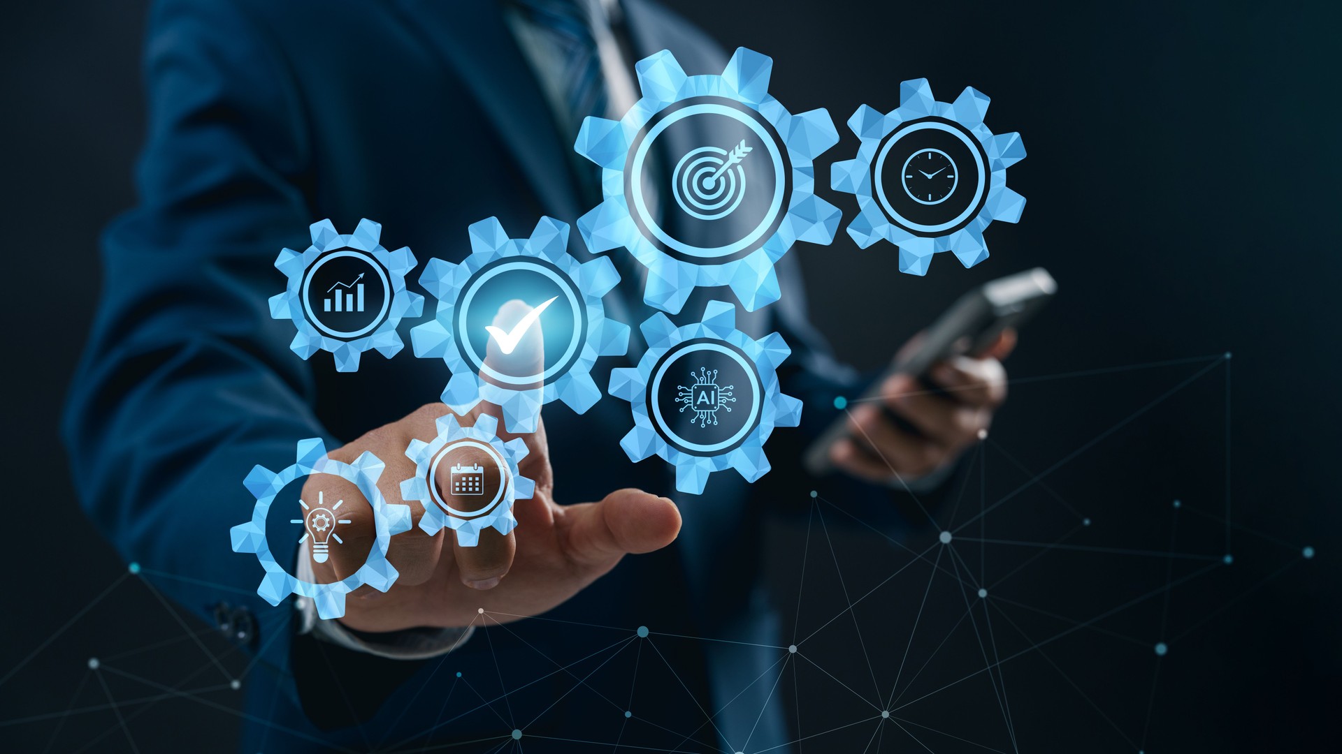 Productivity and Automation in Business Technology Interface. Businessman touching virtual gears with AI and time icons, representing strategic planning, success, and digital transformation
