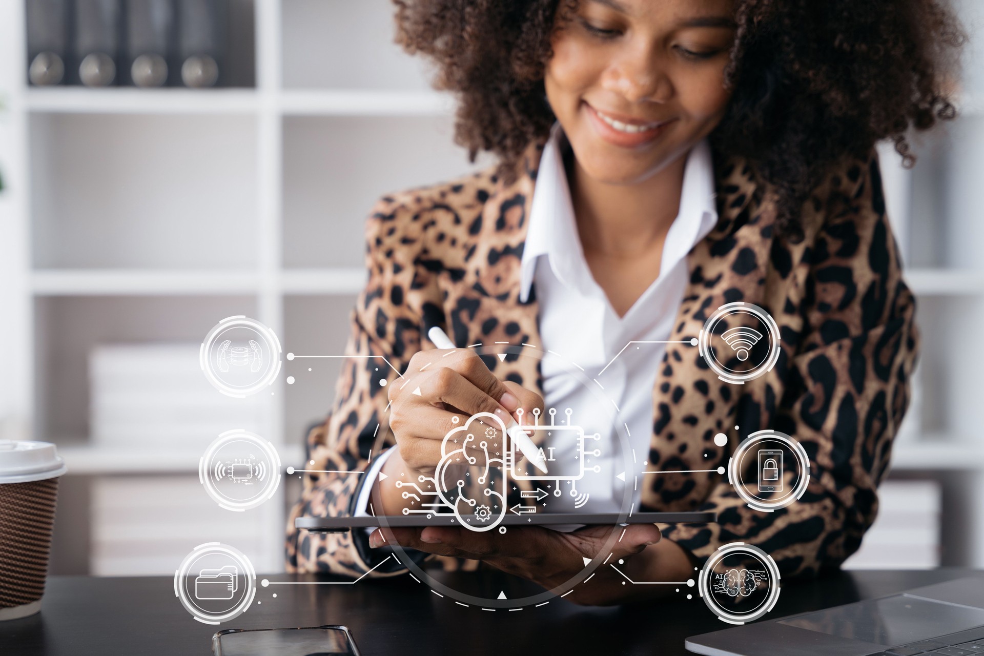Digital transformation technology strategy, Person using laptop, tablet and smartphone with of things. transformation of ideas and the adoption.